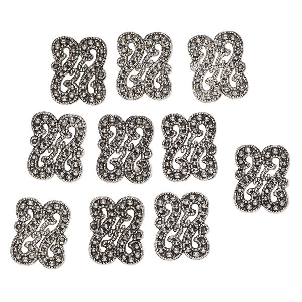 Bead, spacer, "pewter" (zinc-based alloy), pkg/10, 18x14mm single-sided textured double s, antique silver finish, fits up to 10mm beads. image number 0