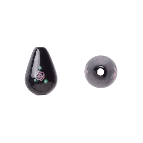Bead, Czech lampworked glass, opaque black / pink / green, 12x8mm-13x9mm teardrop with flower design. Sold per pkg of 4. image number 0