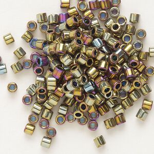 Seed bead, Delica®, glass, pkg/50g, #8 round, opaque nickel-plated golden olive iris (DBL-0029).