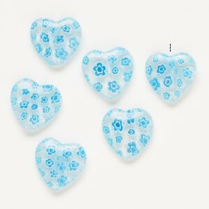 Bead, millefiori glass, clear / translucent sky blue / white, 17-19mm half-drilled puffed heart. Sold per pkg of 6.