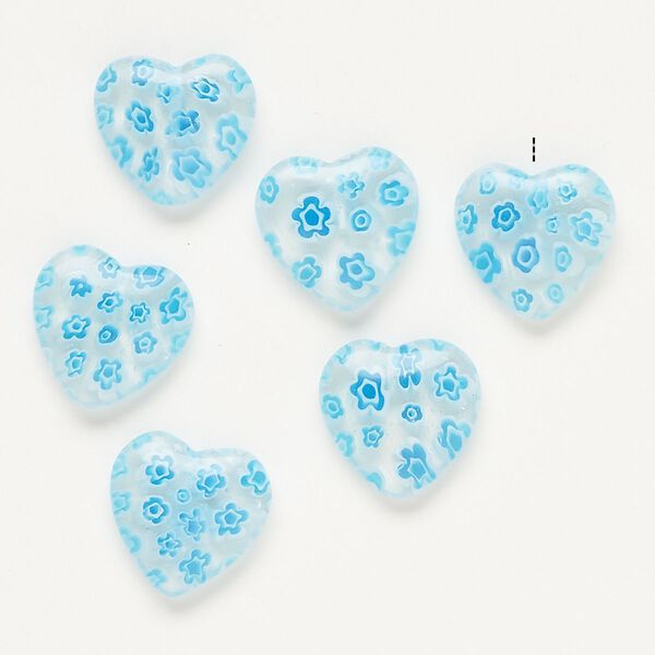 Bead, millefiori glass, clear / translucent sky blue / white, 17-19mm half-drilled puffed heart. Sold per pkg of 6. image number 0