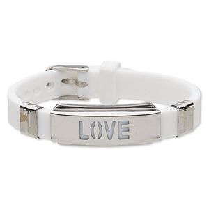 Bracelet, Softique™, silicone and stainless steel, white, 16mm wide with 39x16mm curved rectangle and cutout "LOVE," adjustable from 5-1/2 to 7-1/2 inches with buckle-style closure. Sold individually.