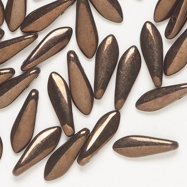 Bead 1pkg50 Czech pressed glass, opaque bronze jet, 15.5x5mm top-drilled dagger. image number 0