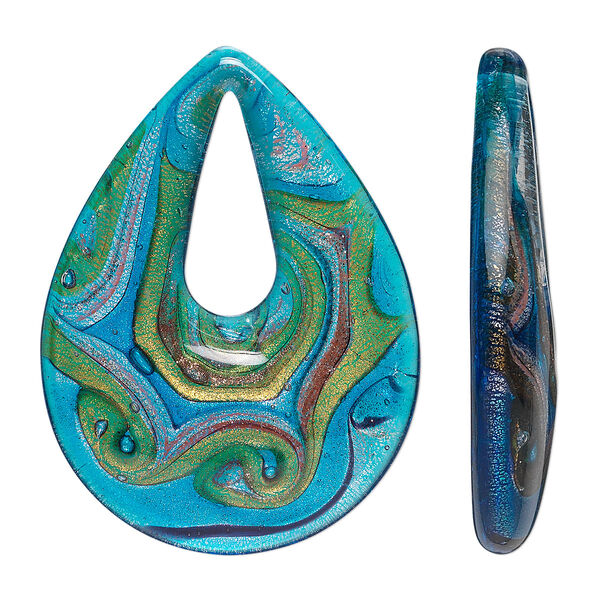 Focal, lampworked glass, teal and multicolored with copper-colored glitter, 48x38mm single-sided teardrop with teardrop cutout. Sold individually. image number 0