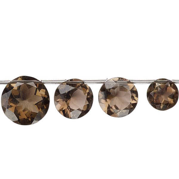Smoky quartz 1pkg11, hand-cut top-drilled faceted flat round bead graduated 8-12mm image number 0