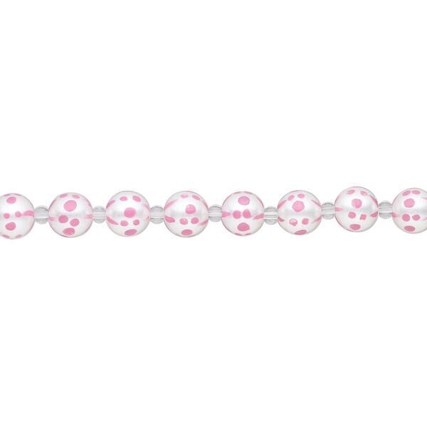 Bead, glass 1pkg8, opaque pink and white, 12mm hand-painted round. image number 1
