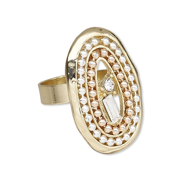 Ring, glass rhinestone / silver- / copper-plated brass / gold-finished "pewter" (zinc-based alloy), clear, 31x21mm oval, adjustable. Sold individually. image number 0