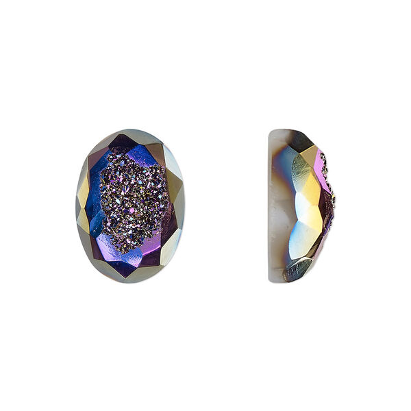 Cabochon, druzy agate (coated), purple and green, 14x10mm hand-cut loosely calibrated faceted oval, B grade, Mohs hardness 7. Sold individually. image number 0