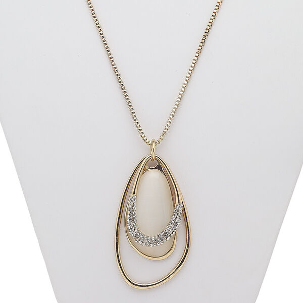 Necklace, glass rhinestone / cat's eye glass / gold-finished steel / "pewter" (zinc-based alloy), white and clear, 61x35mm freeform, 29 inches with 3-inch extender chain and lobster claw clasp. Sold individually. image number 0