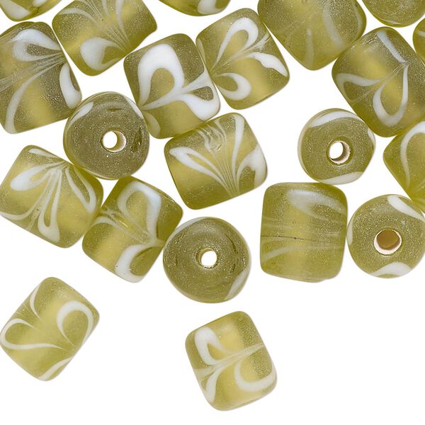 Bead, lampworked glass, translucent yellow-green and white, 9x7mm-10x8mm round tube with swirl design. Sold per pkg of 40 beads. image number 0