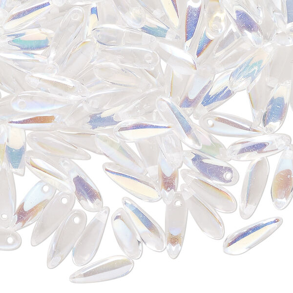 Bead, Czech pressed glass, crystal AB, 10x3mm top-drilled twisted teardrop. Sold per pkg of 300. image number 0