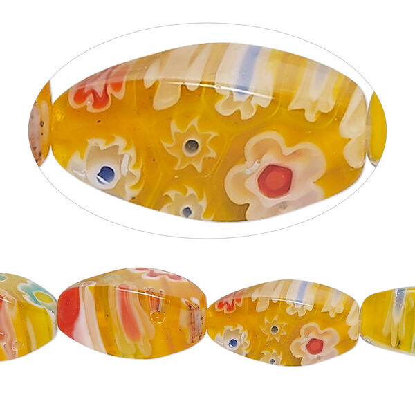 Bead, millefiori glass, translucent orange and multicolored, 16x8mm 4-sided twisted oval. Sold per 15-inch strand, approximately 20 beads. image number 0