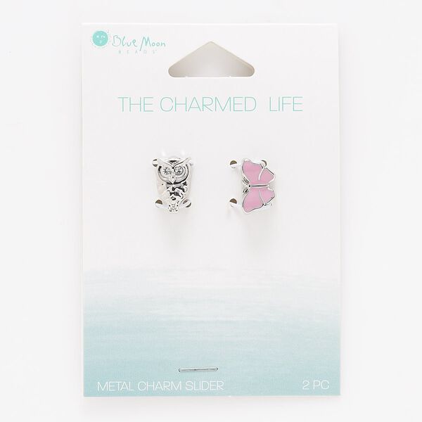 Slide mix, enamel and silver-finished "pewter" (zinc-based alloy), pink, 13x8mm single-sided owl and butterfly with 11x2.5mm hole. Sold per pkg of 2. image number 0