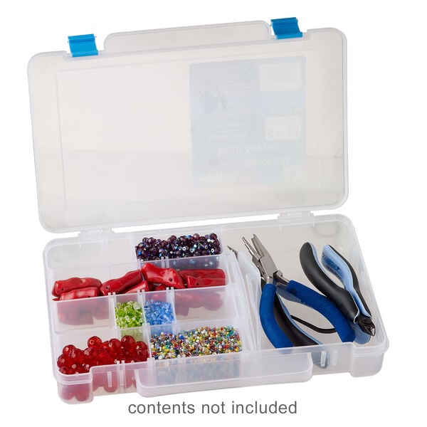 Organizer box, The Beadery®, 1pkg1, plastic, clear / blue, 10-7/8 x 7-1/4 x 1-1/2 inches with 5 to 20 adjustable compartments (2185). image number 1