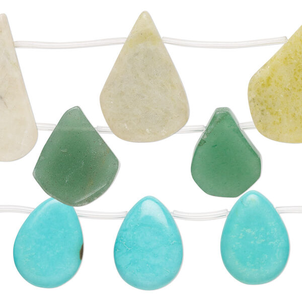 Bead 1pkg3 green aventurine / magnesite / serpentine, 12x12mm-30x20mm top-drilled flat teardrop C grade, 15 inch mix natural/dyed/stabilized image number 0