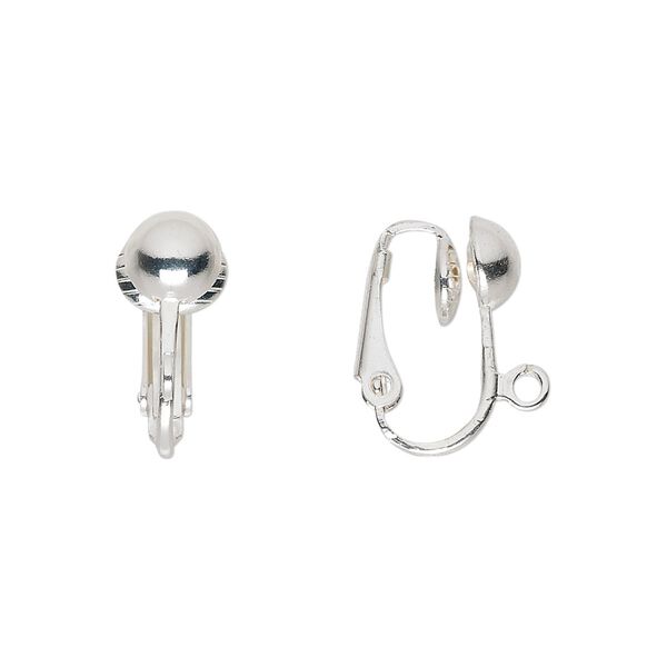Earring clip-on 1pkg10 silver-plated, 16mm hinged / 6.5mm half-ball / open loop, steel 5 pair image number 0