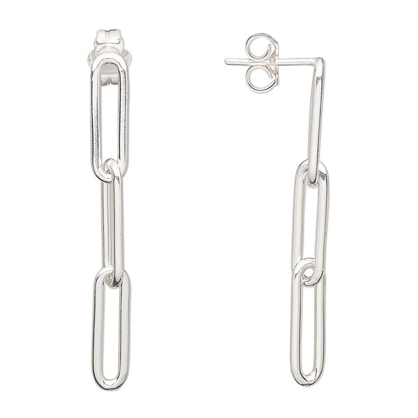 Earstud, sterling silver, 37x4mm with 3-link paperclip chain. Sold per pair. image number 0