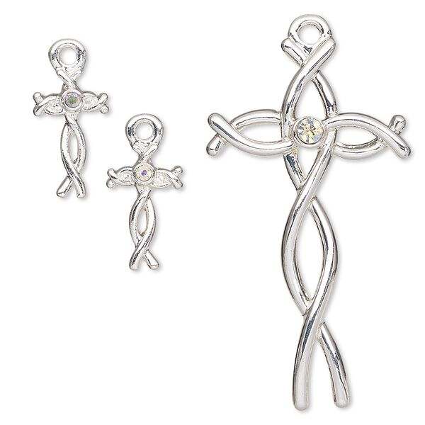Focal and drop, glass rhinestone and silver-finished "pewter" (zinc-based alloy), clear AB, 13x8mm and 38x21mm fancy cross. Sold per 3-piece set. image number 0
