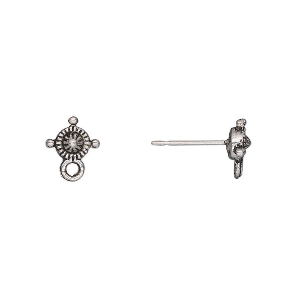 Earstud, antique silver-plated "pewter" (zinc-based alloy), 8x7mm single-sided sunburst with closed loop. Sold per pkg of 10 pairs. image number 0