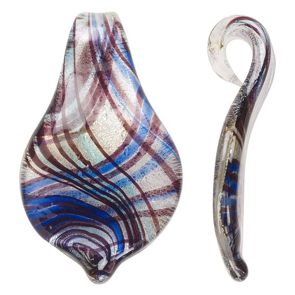 Focal, lampworked glass, multicolored, 59x35mm spoon with silver-colored foil and line pattern. Sold individually. image number 0