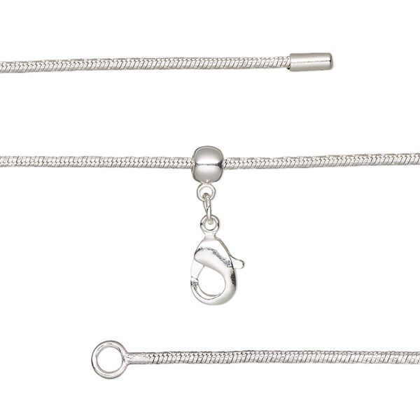 Chain, silicone and silver-plated brass, 1.2mm snake, adjustable from 16 to 23-1/2 inches with lobster claw clasp and adjustable slider bead. Sold individually. image number 0