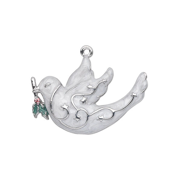 Charm, silver-plated "pewter" (zinc-based alloy) and enamel, white / green / red, 28x19mm single-sided dove with holly branch. Sold individually. image number 0