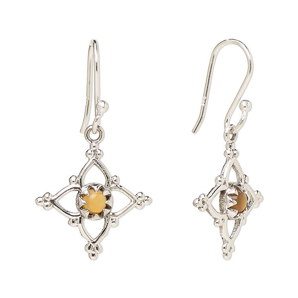 Ear wire, Create Compliments®, antiqued sterling silver and carnelian (dyed/heated), fishhook, 32mm with 17mm single-sided open beaded diamond, 21 gauge. Sold per pair. image number 0