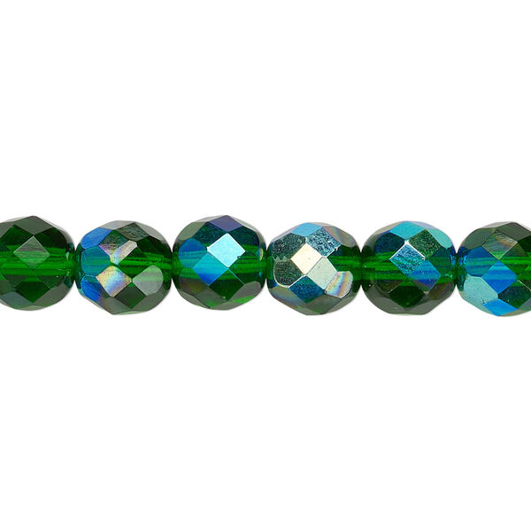 Bead, Czech fire-polished glass, emerald green AB, 8mm faceted round. Sold per 15-1/2" to 16" strand. image number 0