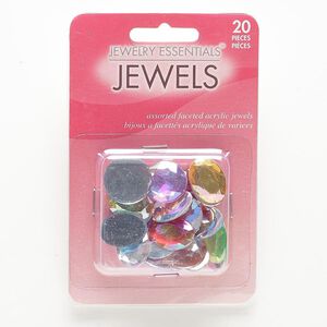 Flat back mix, acrylic, mixed colors AB, 16x13mm-18mm faceted round and faceted oval. Sold per pkg of 20.