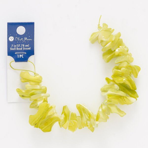 Bead, mother-of-pearl shell (dyed), lime green, 10x5mm-39x15mm frangia with 0.4mm hole, Mohs hardness 3-1/2. Sold per 7-inch strand. image number 0