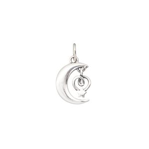 Charm, antiqued sterling silver, 12.5x10mm single-sided moon with heart and star. Sold individually.