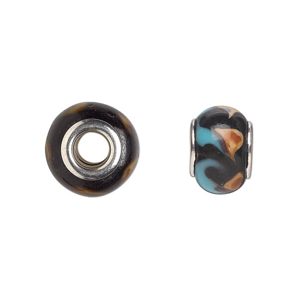 Bead, Dione®, lampworked glass with silver-plated steel grommets, black with brown and blue swirls, 14x10mm rondelle with 4.5-5mm hole. Sold per pkg of 6. image number 0