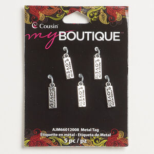 Drop 1pkg5, enamel and antique silver-finished brass, black, 15x5mm rectangle with "Made with Love."