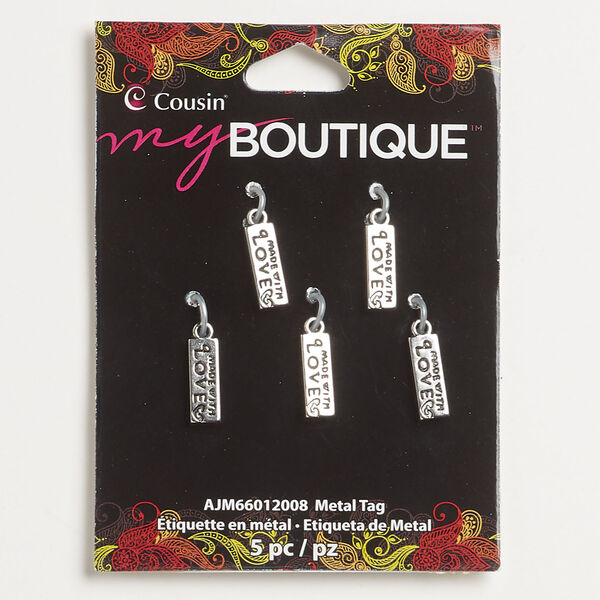 Drop 1pkg5, enamel and antique silver-finished brass, black, 15x5mm rectangle with "Made with Love." image number 0