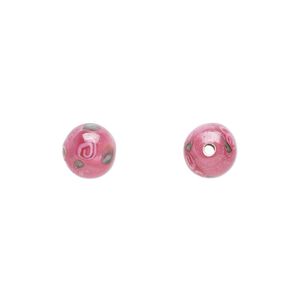 Bead, Czech lampworked glass, opaque pink and green, 6-7mm round with flower design. Sold per pkg of 10.