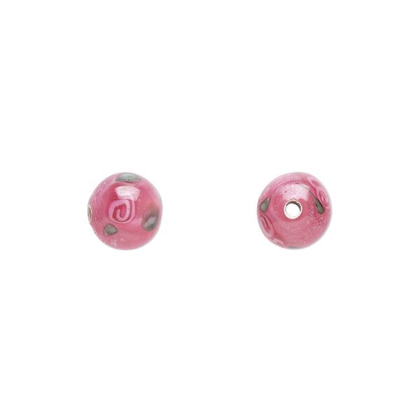 Bead, Czech lampworked glass, opaque pink and green, 6-7mm round with flower design. Sold per pkg of 10. image number 0
