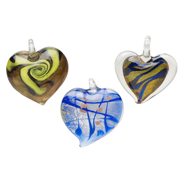 Random focal mix, lampworked glass, translucent blue and multicolored, 40x37mm-49x47mm domed heart with copper-colored glitter and silver-colored foil. Sold per pkg of 3. image number 0