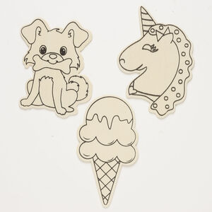 Focal assortment 1pkg3, wood (natural), tan and black, 4x3 inch dog / 4-1/2 x 2-1/2 ice cream cone / 4-1/2 x 3-1/4 inch unicorn.
