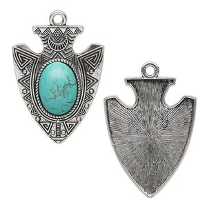Focal, "turquoise" (resin) (imitation) and antique silver-finished "pewter" (zinc-based alloy), turquoise blue, 40x31mm single-sided arrowhead. Sold individually.