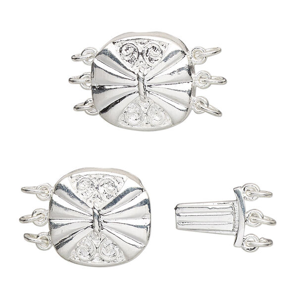 Clasp, 3-strand tab, silver-plated brass, 15x14.5mm filigree round with butterfly design. Sold per pkg of 4. image number 0