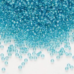 Seed bead, Miyuki, glass, pkg/250g, #11 rocaille, translucent aqua-lined luster crystal clear (RR-1822).