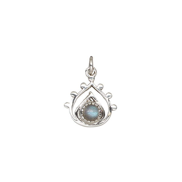 Drop, antiqued sterling silver and labradorite (natural), 13x12.5mm single-sided open teardrop. Sold individually. image number 0