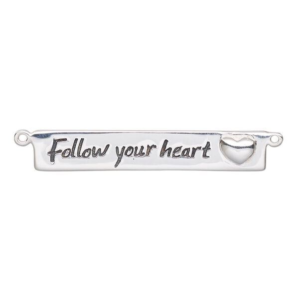 Focal, sterling silver and enamel, black, 34x6mm single-sided flat rectangle with "Follow your heart" and heart design with 2 loops. Sold individually. image number 0