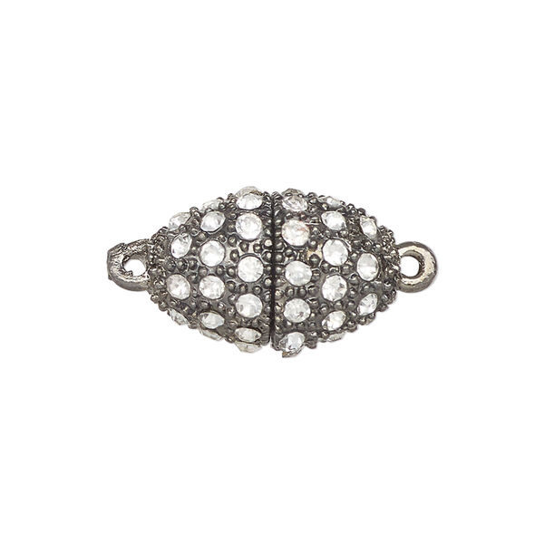 Clasp, magnetic, gunmetal-finished brass and glass, clear, 21x13mm-21x14mm oval. Sold individually. image number 0