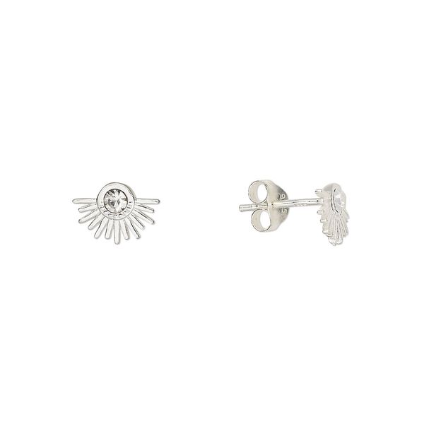 Earstud sterling silver / Preciosa crystal 1pkg2, 9x6.5mm sun / earnuts included, Create Compliments® crystal clear 1 pair image number 0