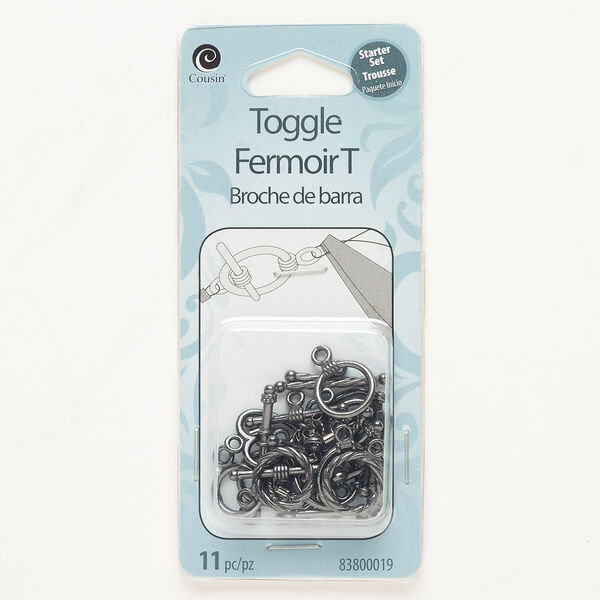 Clasp mix, toggle, brass, pkg/11, gunmetal finish, 10-12mm round. image number 0