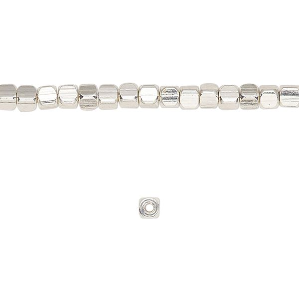Bead, silver-finished "pewter" (zinc-based alloy), 3mm rounded cube. Sold per 8-inch strand. image number 0