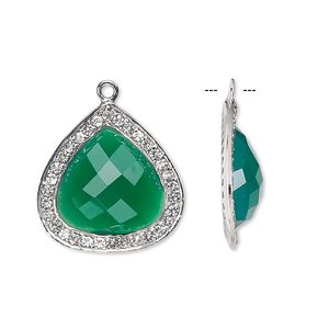 Drop, green onyx (dyed) / white topaz (natural) / sterling silver, 20x20mm single-sided faceted teardrop. Sold individually.