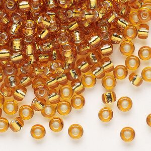 Seed bead, Miyuki, glass, pkg/250g, #6 rocaille, transparent silver-lined marigold (RR-2422).