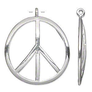 Focal, silver-plated pewter (tin-based alloy), 32mm single-sided domed round peace sign. Sold individually.